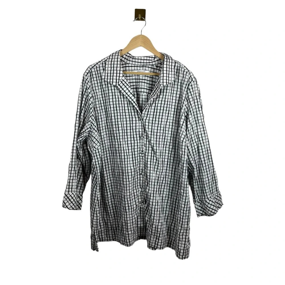 Foxcroft Plus Size 22W Black White Plaid Crinkle Button Down Tunic Blouse